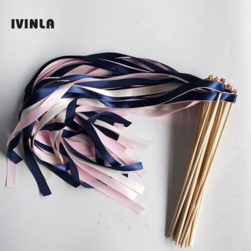 50pcs/lot grey navy pink wedding ribbon wands with sliver bell for wedding decoration