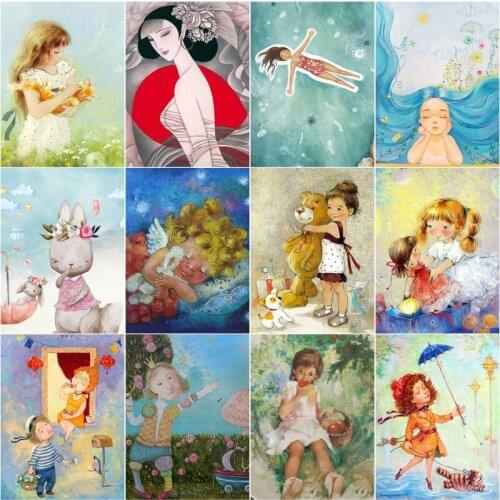 Cartoon Girls and Rabbit 5D Diy Diamond Painting Full Rhinestone Embroidery Mosaic Art Pretty Hand Painted Picture Home Decor