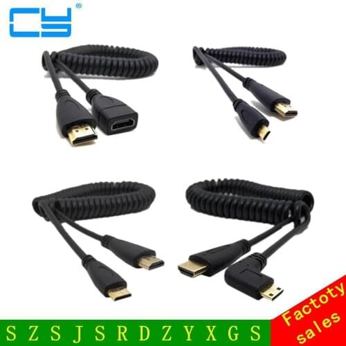 Free Shipping HDMI-compatible Male to Mini HDMI Spring Curl Coiled Cable V1.4 3D for Sony Canon Camcorder