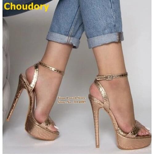 Choudory Gold Snakeskin Thin High Heel Sandals Sexy Platform Python Single Strap Dress Pumps Women Nightclub Shoes Size46