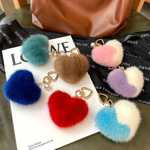 Real Mink Fur Keychain Women Bag Charm Heart Backpack Pendant Adorable Shape Key Ring Fur Decor Accessories