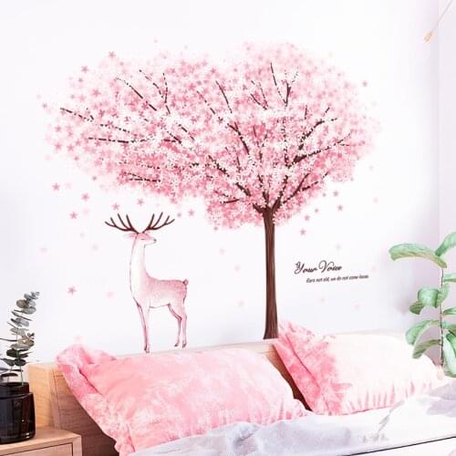 Ins Pink Cherry Flowers Tree Wall Stickers Self-adhesive Cartoon Deer Mural Decals Girls Flower Vinyl Wallpaper Home Room Decor