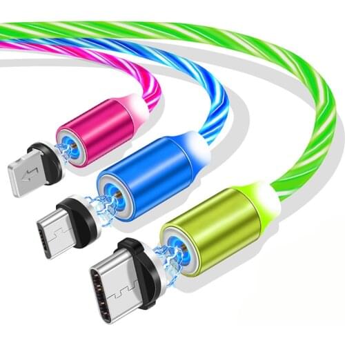 Magnetic Flow Luminous Lighting Charging Mobile Phone Cable Cord Charger Wire LED Micro USB Type C For Iphone Huawei Xiaomi USBC