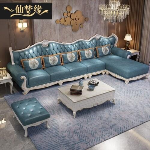 European style leather sofa combination luxury small family all solid wood corner living room three or four people single