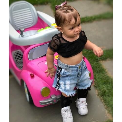 3PCS set Baby Girls clothes solid round neck vest lace sheer Tops Button pocket letter print shorts summer