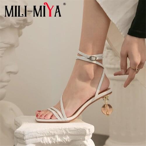 MILI-MIYA New Design Women Sandals Full Leather Buckle Strap Square Toe Strange Heels Ankle Wrap Dress Party Summer Shoes