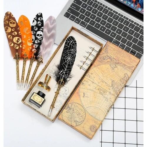 Natural Retro Halloween DIY Decorative Feather Dip Water Fountain Pen Writing Set Ink Pen Feather Pen