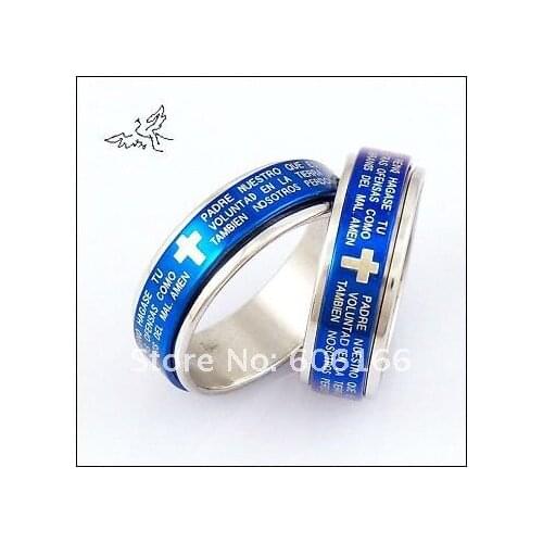 Wholesale Spanish Bible Lords Prayer Cross Ring Blue Spin Stainless Steel Rings Fashion Religious Jewelry
