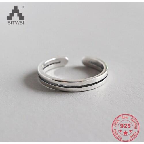 100% S925 Sterling Silver Simple Double Lines Opening Ring