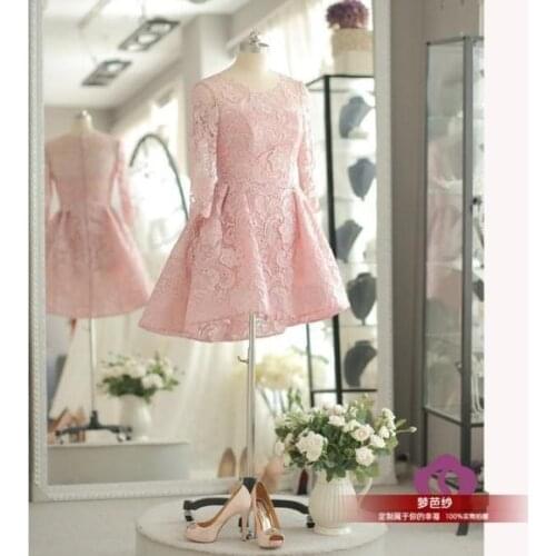 Sleeves pink lace a-line short prom gown 2018 new design hot sexy knee-length vestido de festa real photos bridesmaid dresses