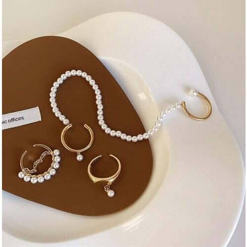 SRCOI New Trendy Imitation Pearl Chain Open Ring Simple Temperament Metal Ring Women Creative Party Jewelry Accessories 2021