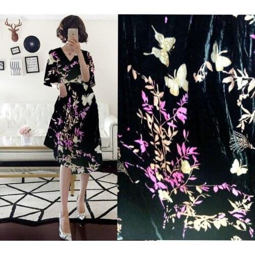 Crazy discount high grade luxury black/violet Butterfly flowers Flocking fabric silk velvet fabric for dresses suit tissus metre