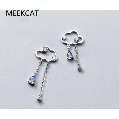 MEEKCAT Cute Mini Cloud Asymmetrical Hollow Zircon Tassel 925 Sterling Silver Fashion Female Dangle Earrings SEA534