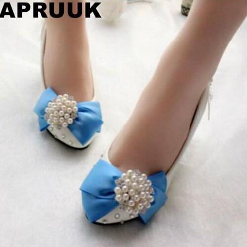 Bow wedding shoe for brides blue bowtie fashion luxury rhinestones party dress pumps shoe PR653 blue wedding shoes woman