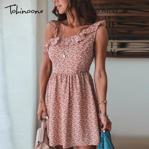 Tobinoone Print Ruffle Mini Dresses For Women 2021 Sleeveless High Waist Backless Dress Baech Casual Party Summer Robes
