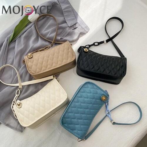 Vintage Women Lattice Pattern Pure Color PU Chain Flap Shoulder Underarm Bag Retro Ladies Baguette Design Handbags