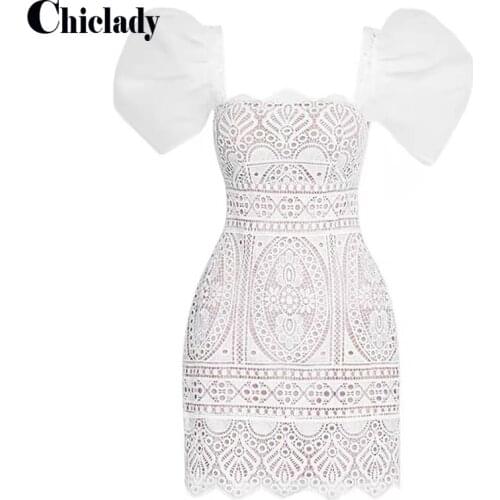 CHICLADY Vintage lace white beach dress slimming waistline square neck square neck short sleeve high waist lining summer dress