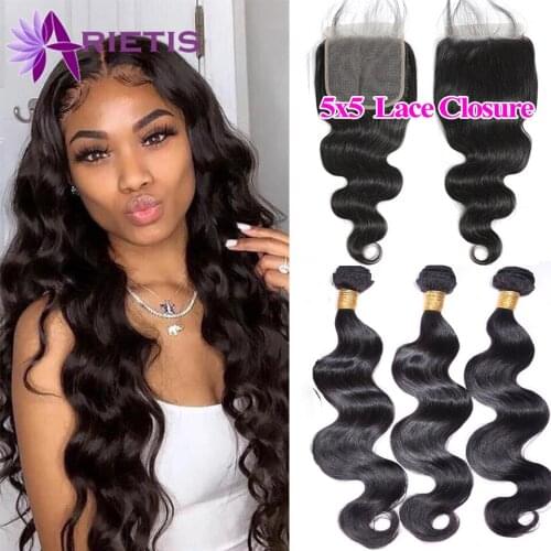 Arietis Body Wave Blundles With Closure Branzilian Hair Weave Bundles With Closure Human Hair Bundles With Closures5x5 Remy Hair