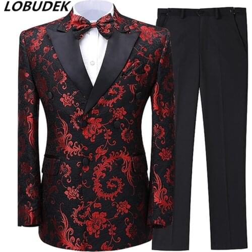 England Style Jacquard Suit Wine Red Slim Fit Blazer Tuxedo 2-Piece Men Groom Wedding Dress Evening Prom Singer Host Stage Suits