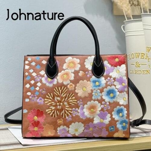 Johnature Retro Large Capacity Women Leather Bag 2021 New Chinese Style Big Handbag Handmade Embroidery Versatile Shoulder Bags