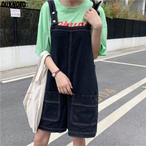 Summer New Women Denim Jumpsuits Multi-Pocket Adjustable Strap Shorts Loose Waist Black Breathable 2021 Woman Denim Overalls