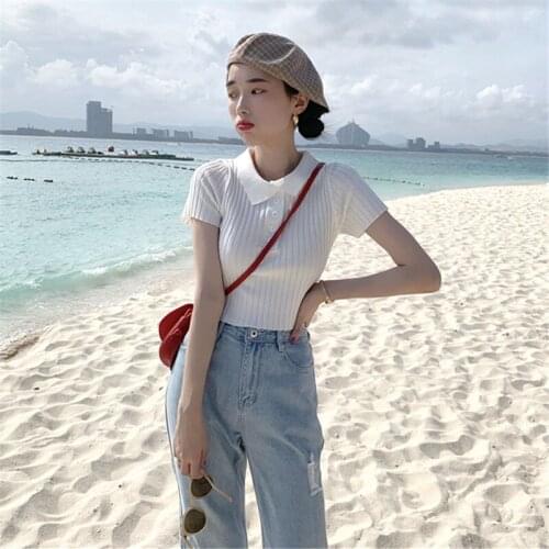 Women T-Shirts Casual T Shirt Summer Knitted Short Shirt Female Slim Short Sleeve Shirts Top