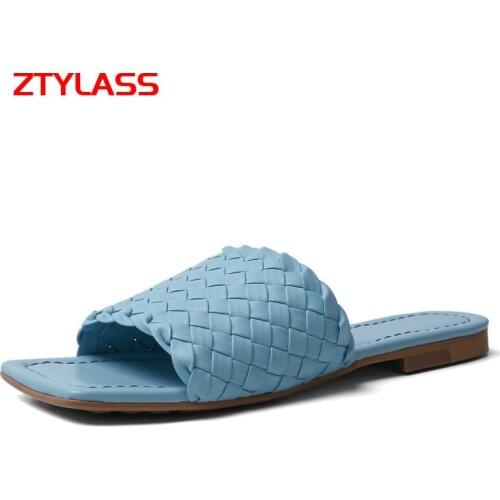 2021 Summer Women Slippers Outside Flat Shoes Weaving Mules Shoes Street Beach Slippes Shoes Big Size 34-43