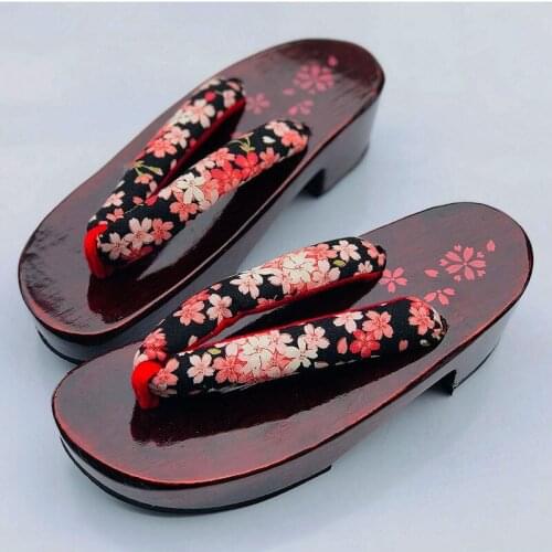 Womens Cosplay Shoes Black Painted Muffin Mid Heel Japan Geta Classic Flip Flops Beach Slippers Summer Wood Sandals