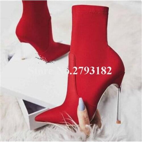 Women Brand Design Pointed Toe Suede Leather Metal Stiletto Heel Short Boots Red Pink Yellow High Heel Ankle Booties Club Shoes
