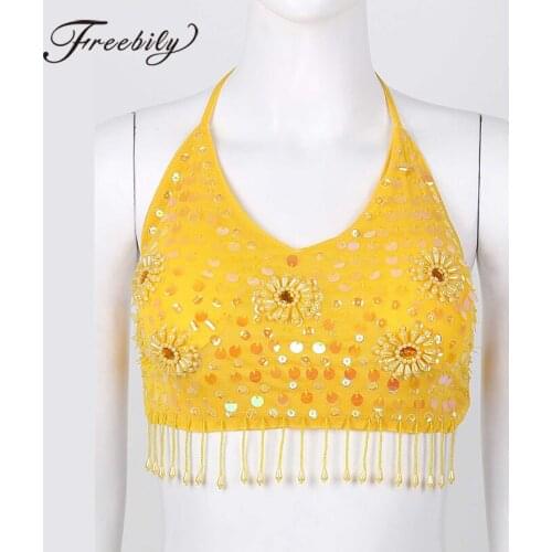 Belly Dance Women Latin Sequin Halter V Neck Padded Bra Tops Female Beaded Tassel Temptation Party Stage Performance Costume New