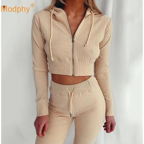 2020 Autumn New Striped Casual Knit 2 Two-Piece Set Sexy Long-Sleeved Zipper Hooded Short Top + Drawstring Sweatpants Suit
