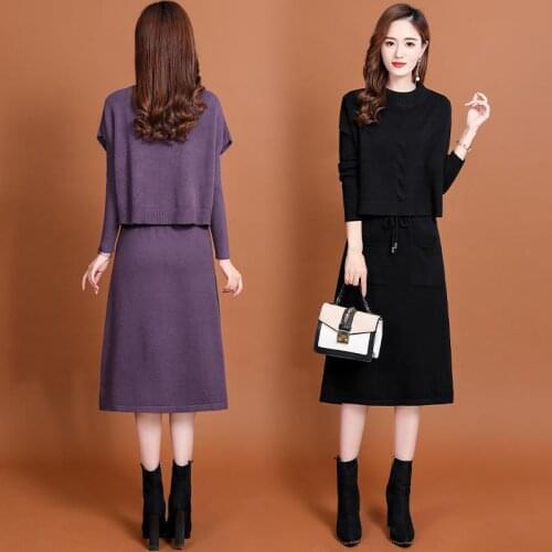 Woman Knitted Long Sleeve Pullover Female O-Neck Solid Color Dress 2 Piece Sets Ladies Autumn Fashion Retro Knit Sweater Q102