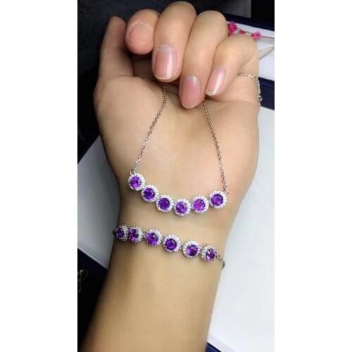 Fashion Lovely Smiling face Natural amethyst Necklace Bracelet Natural Gemstone Jewelry Set S925 Silver Women girl gift jewelry