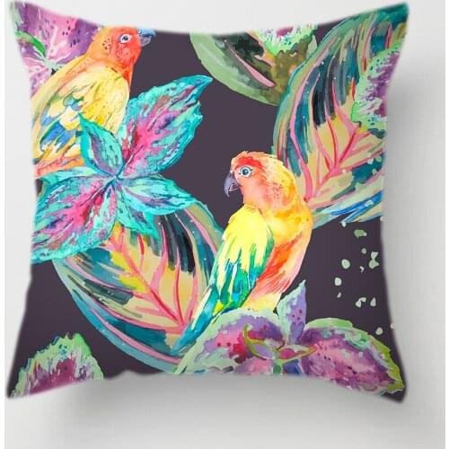 2021 Single-sided Printing Polyester Cushion Cover Rainbow Tropical Plants Parrot Bird Decorative Green Pillow Case Fall Decor