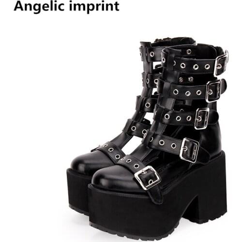 Angelic imprint mori girl Women punk motorcycle shoes lady lolita ankle Boots woman high trifle heels pumps summer sandals 10cm