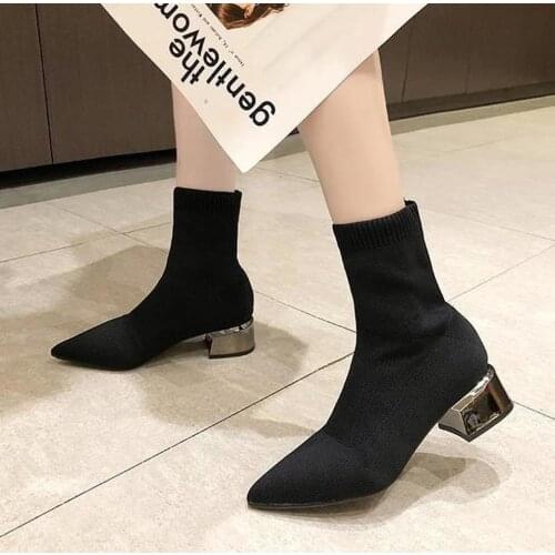 Socks boots women autumn winter new black pointed toe medium thick heel Martin short boots net red knitted stretch thin boots