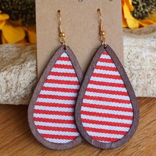 Wooden Stripes Leather Teardrop Dangle Drop Earrings for Women