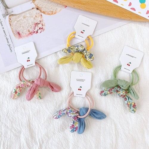 2 Pcs New Nordic Style Floral Cherry Fabric Rabbit Ears Childrens Rubber Band Sweet Girl Baby Ponytail Hair Accessories