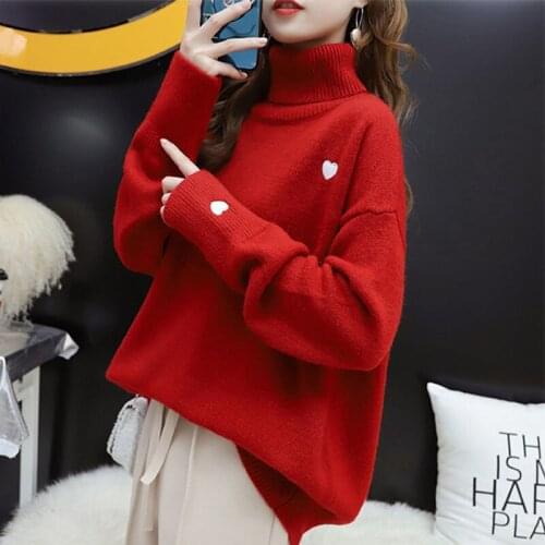 Red Turtleneck Pullovers Knitted Sweaters Autumn New Heart Printing Loose Thick Warm Oversize Casual Base Jumper Knit Women Tops