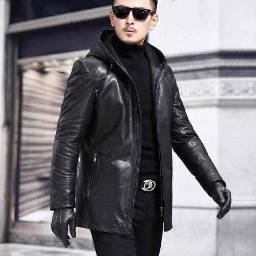 2020 New Mens Genuine Leather Jacket Hooded Vintage 100% Sheepskin Coat Autumn Winter Real Leather Jackets 135-1 J3118