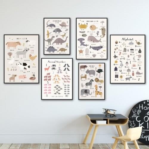 Dinosaur Whale Giraffe Alphabet Number Wall Art Canvas Painting Nordic Posters And Prints Wall Pictures Kids Room Nursery Decor
