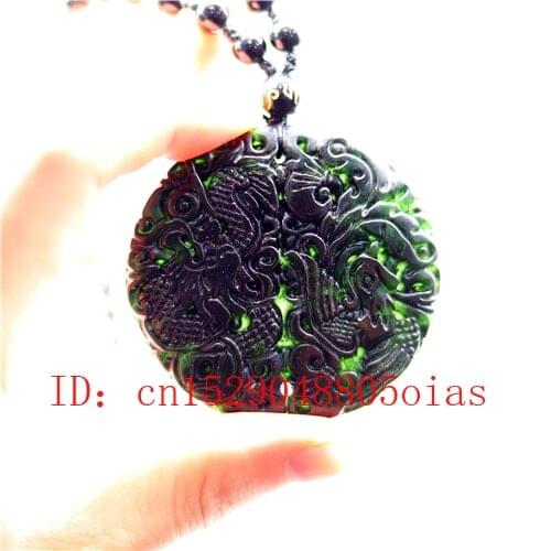 Natural Black Chinese Jade Obsidian Dragon Phoenix Pendant Necklace Charm Jewelry Accessories Carved Amulet Gifts for Men Women