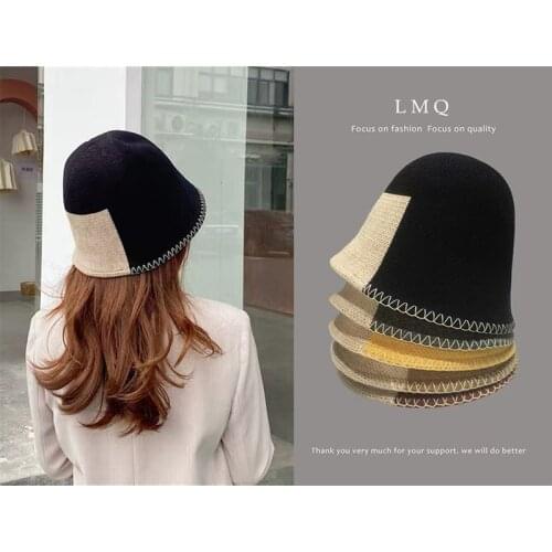 LMQ NEW Japanese Designer Simple Style Contrast Color Fisherman Cap Women Autumn Winter Warm Knit Cover Face Bucket Hat
