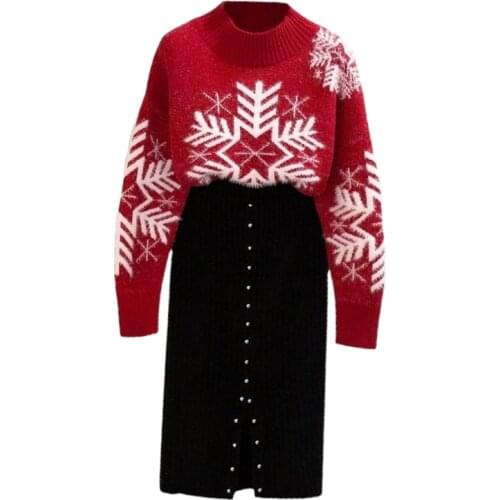 2021 New Sweater And Skirt Fashion Female Sets Womens Half High Neck Loose Pullover + Elegant Beading Mid Knitted Skirts