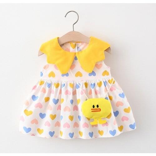 Girls Dresses Summer Childrens Wear New Doll Collar Color Love Print Cartoon Duckling Sling Skirt Kids Dresses for Girls 0-18M