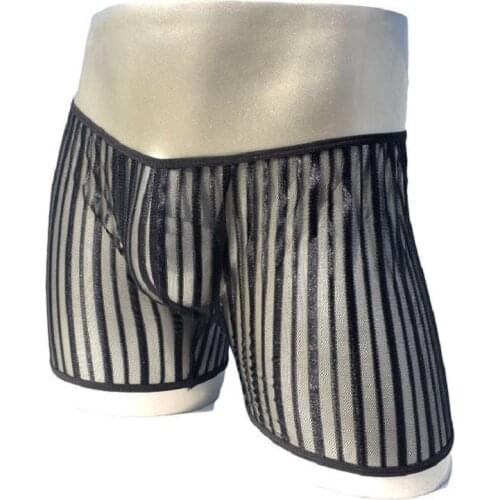 Sexy Low-waist male panties vertical stripes transparent gauze mesh trunk breathable boxer underwear