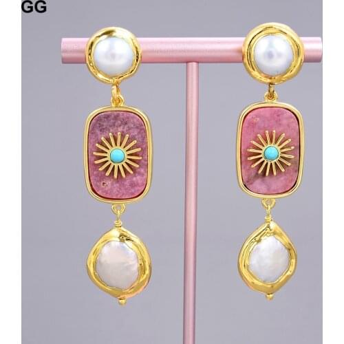 GG Jewelry Freshwater White Pearl Coin Natural Rhodochrosite Rising Sun Glod Plated Pearl Stud Earrings