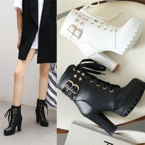 YQBTDL 2020 New White Black Lace Up Boots Autumn Winter Buckle Rivet Studded Biker Ankle Boots for Women Block High Heels Shoes