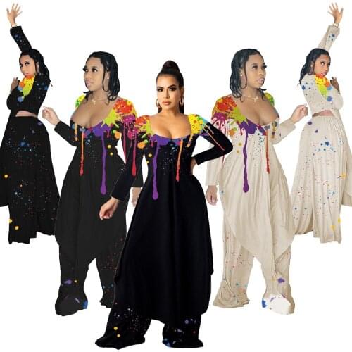 RStylish 2021 Fashion Splash Ink Print Casual Woman Long Sleeve Irregular Top Loose Pants Autumn Two Piece Set