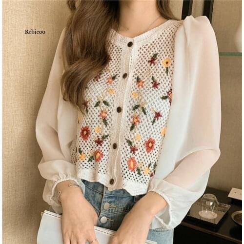 Women Embroidery Short Cardigan Tops Sexy Organza Chiffon Sleeve Patchwork Knitted Blouses Hollow Out Loose Chic Shirts Tops